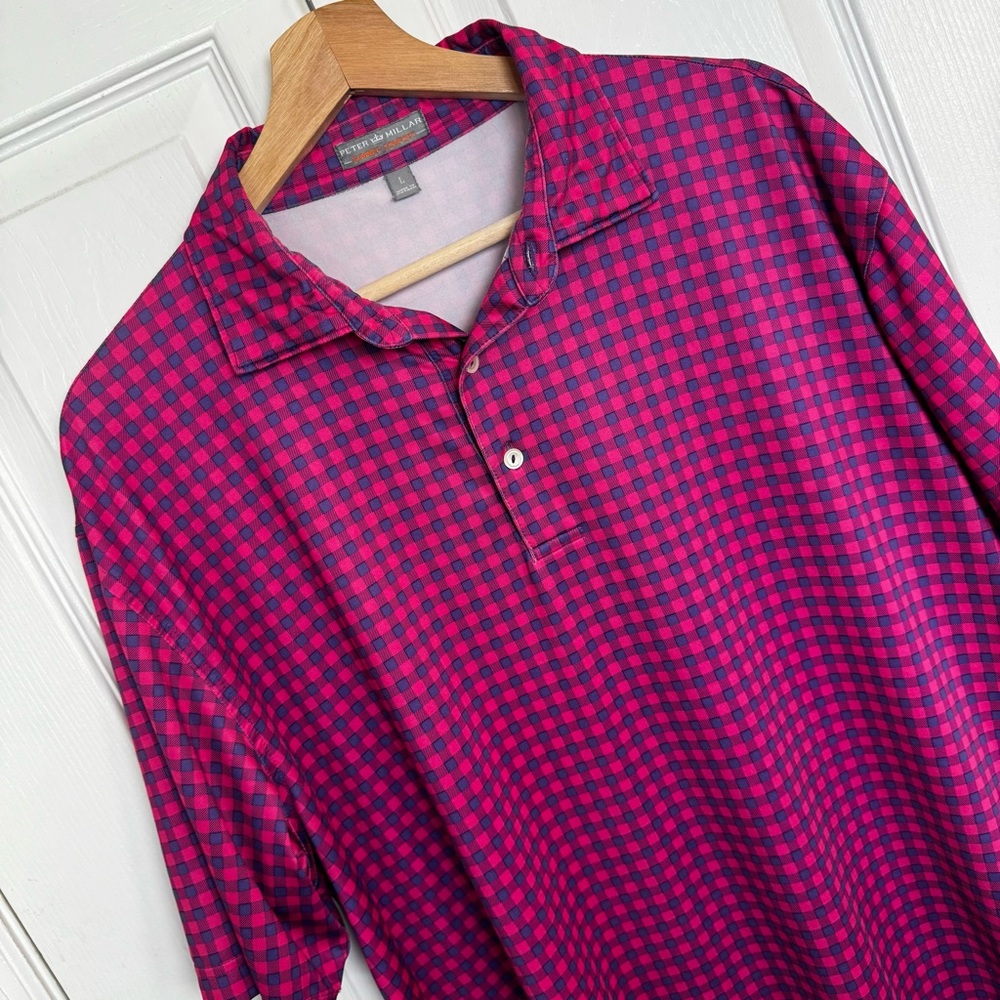 Peter Millar Summer Comfort Polo Size Large Pink Check Golf Shirt Stretch